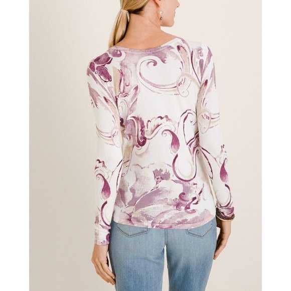 Chico's 1 Women's Medium Sweater Purple White Cream Paisley Bateau Neck Pullover - Picture 2 of 15